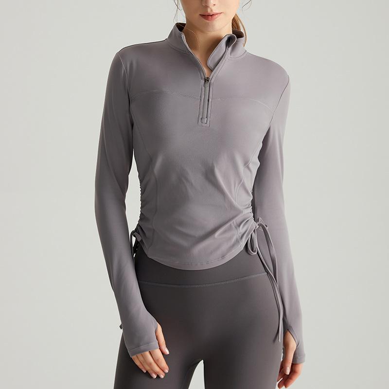 

Женский облегающий топ для йоги Chuandun осень-зима с длинными рукавами, воротником-стойкой на молнии и складками на шнурке Medium