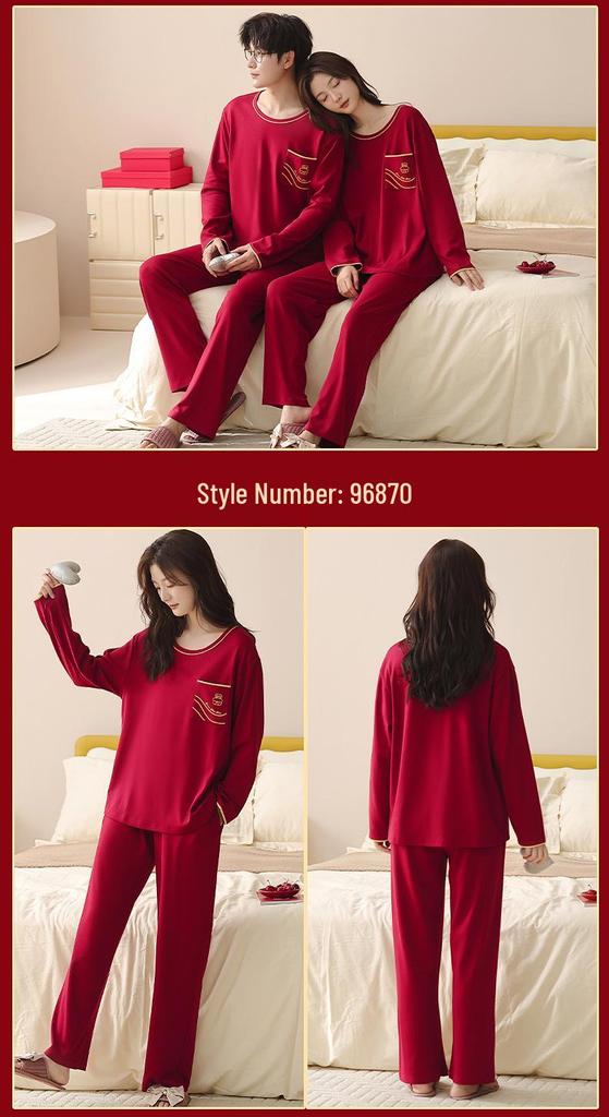 Red Cotton Couple Pajamas - Sweet, Cute, Loose, Long Sleeve Set for Spring/Autumn Newlyweds