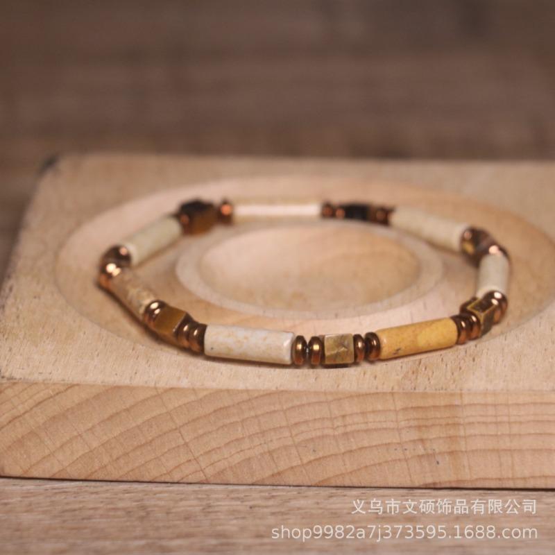 Picture Jasper Tiger Eye Tube Bead Bracelet – Copper Accent Boho Jewelry, Grounding Courage Gift for Men Women