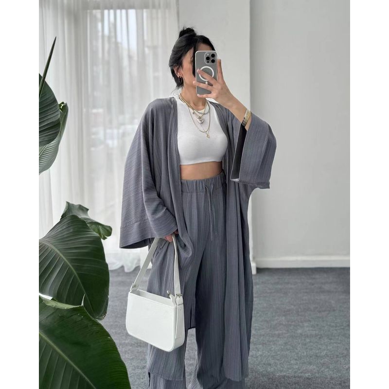 

Robe and Pants Set Fashion Wind New Arrival Ruched Texture Split Tops Straight-leg Loose Pants Grey 3XL