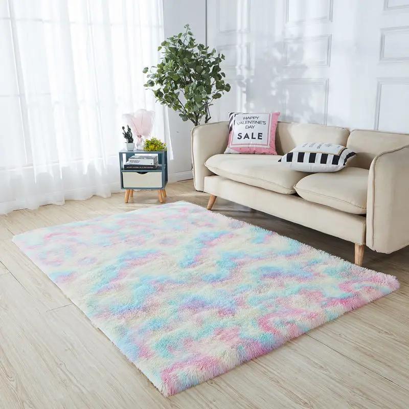 Gradient Tie-dye Carpet Living Room Bedroom Long Hair Washable Cute Net Red Bedside Soft Plush Carpet Mat Anti-slip Floor Mats