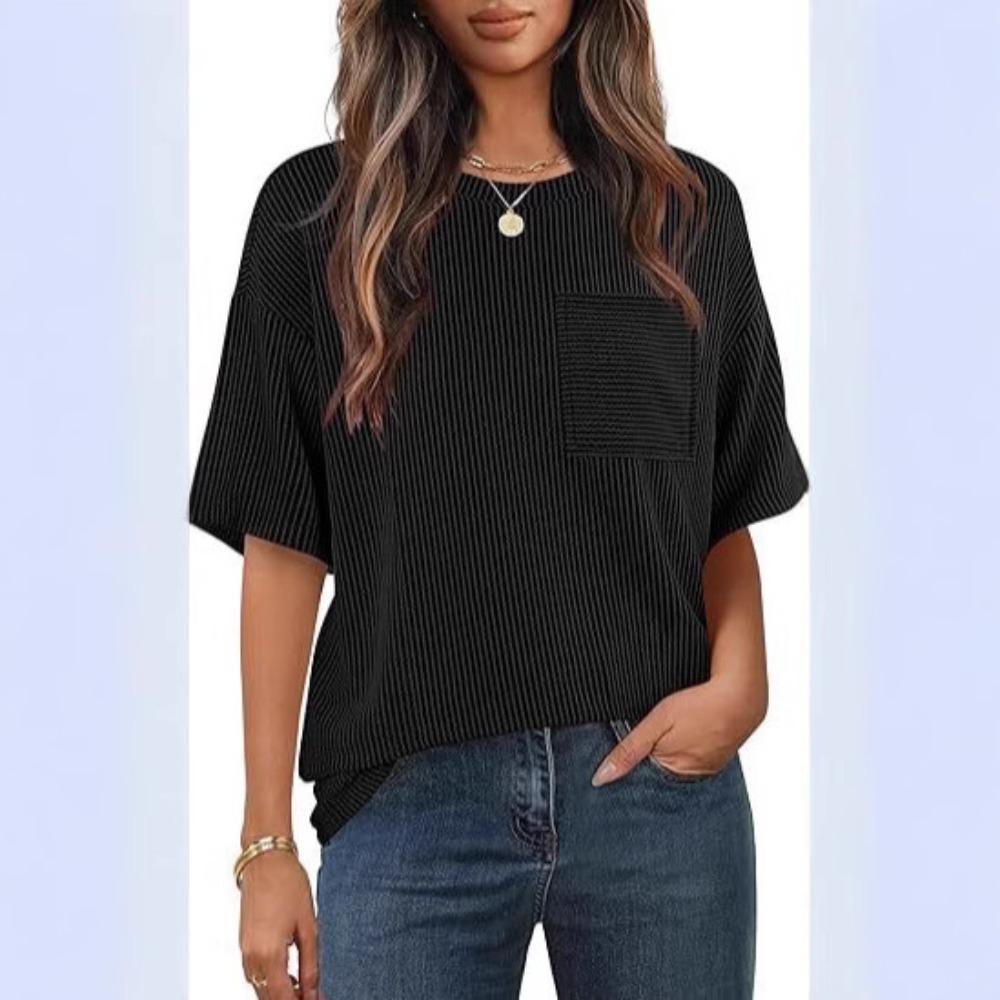 Summer Women s Short-sleeved Button-down Striped Casual Comfortable T-shirt S чёрный