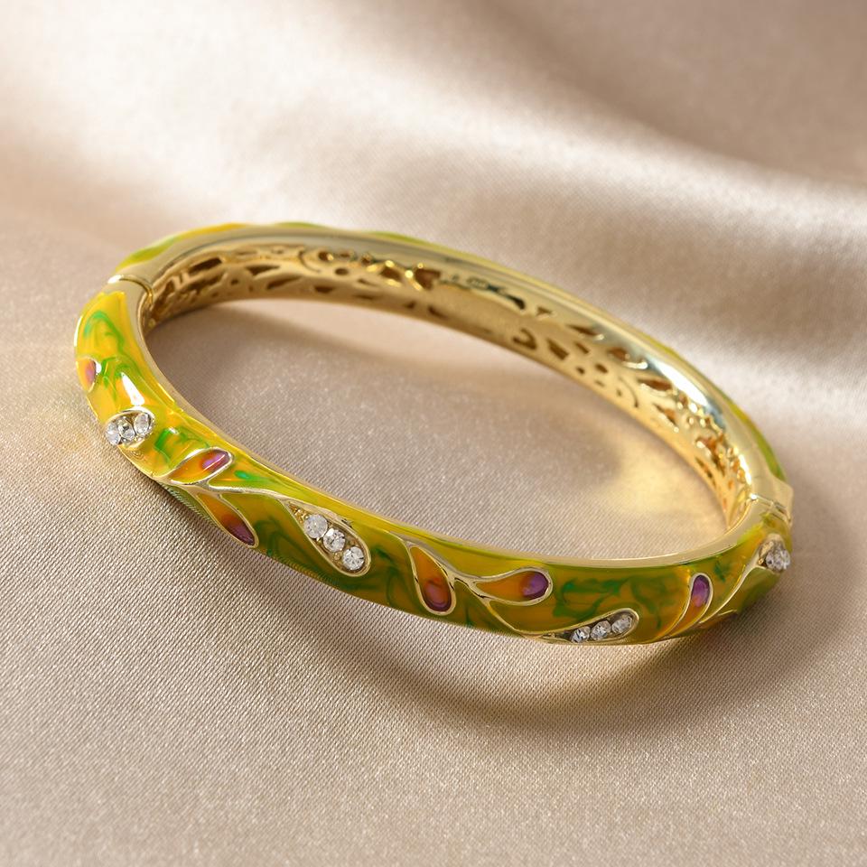 

Пекинская перегородчатая эмаль Браслет «Листья гинкго» - Ретро стиль Женский подарок оливковое зеленый