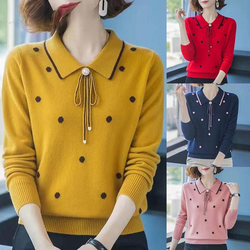 FiveFive Fashion Women Long Sleeve Knitwear Jacket Base Shirt Solid Color Pullover Relaxed Fit Lapel Leisure Sweater