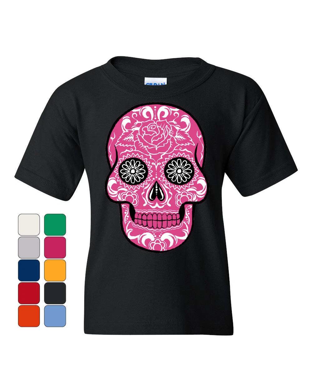 Pink Sugar Skull With Roses Youth kids boys T-Shirt Day of the Dead Tee 140