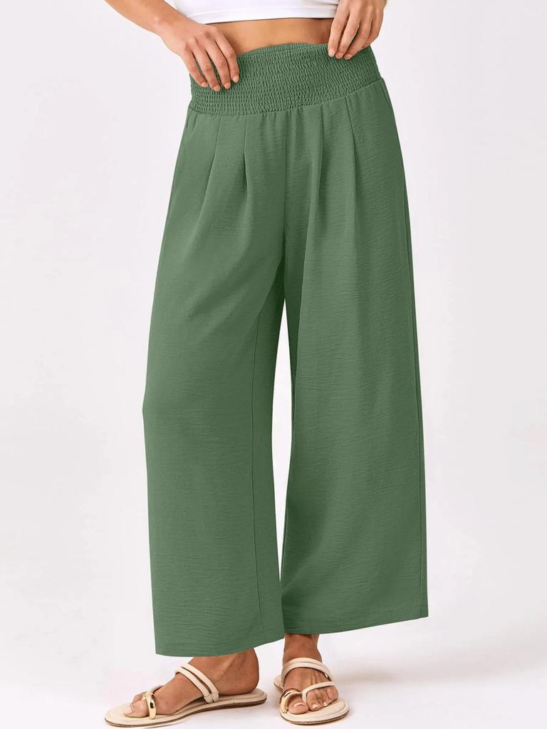 Women's High Waist Elastic Waist Wide Leg Pants In Olive Green