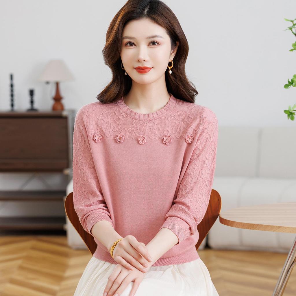 Mom's Spring Wool Sweater: Women's Round Neck Long Sleeve Knitwear - 2026 Fashion Loose, Age-Reducing Thin Top for Spring/Summer