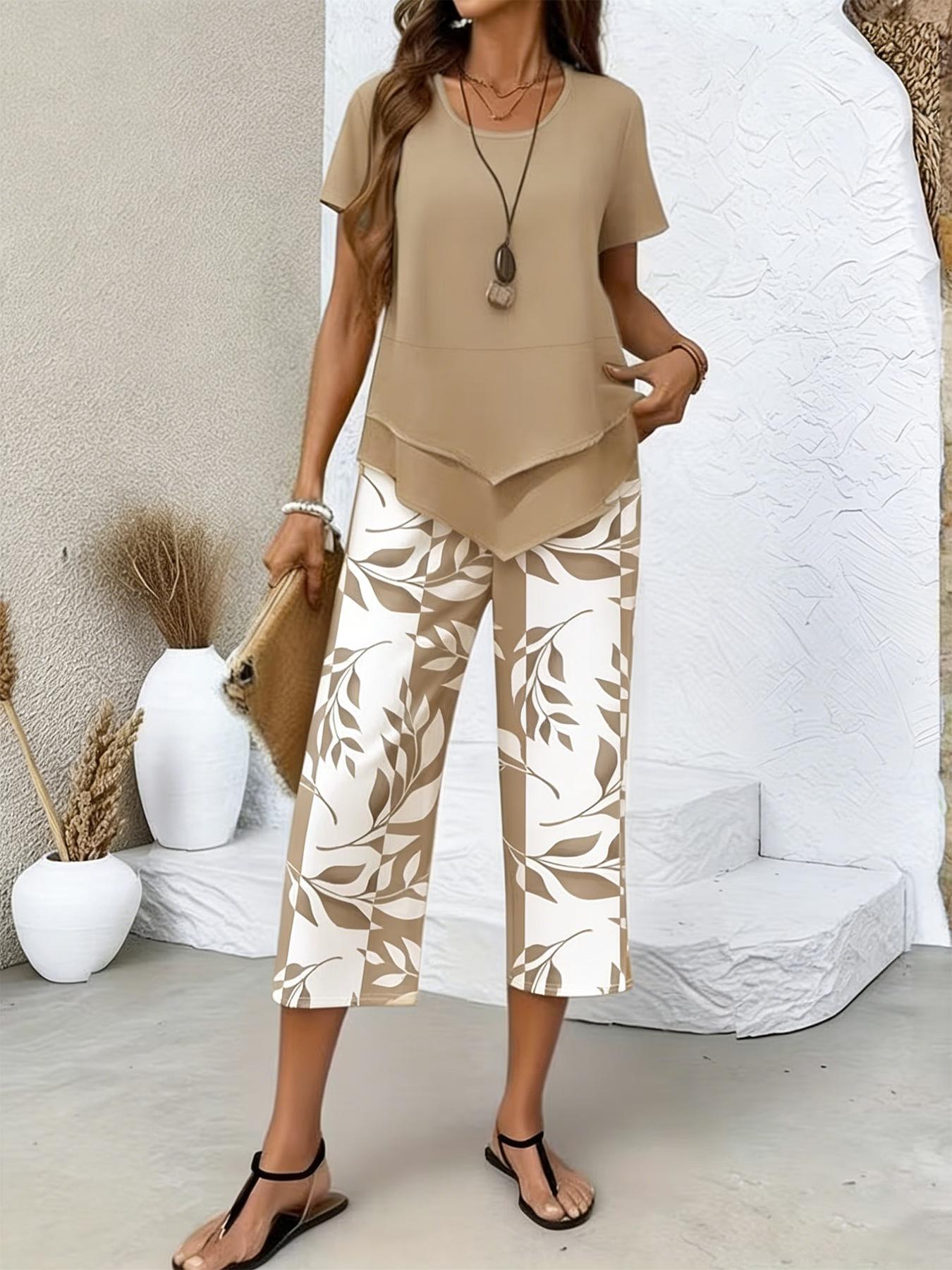 

Light Blue Short Sleeve Two Piece Set with Cropped Top and Printed Pants 5XL коричневий