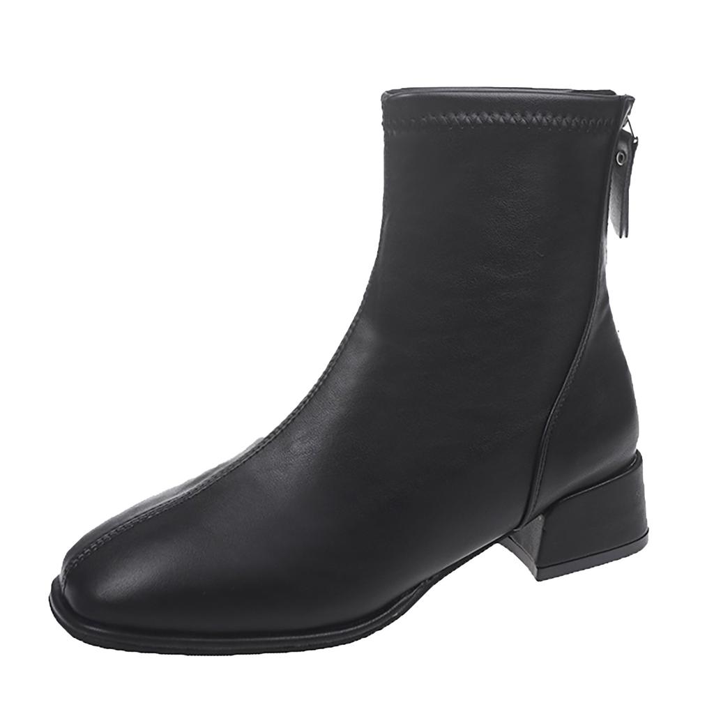 Fashion Women Artificial Leather Solid Color Thick Sole Square Heels Zipper Short Booties Square Toe Shoes Boots Size 6 Women