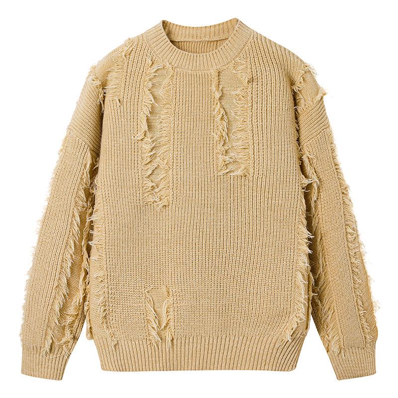 Unisex Fringe Textured Sweater, Loose Round Neck Knitwear - Japanese Lazy Style, Perfect for Autumn/Winter