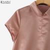 ZANZEA Women Summer Casual Doll Collar Short Sleeve Satin Blouse