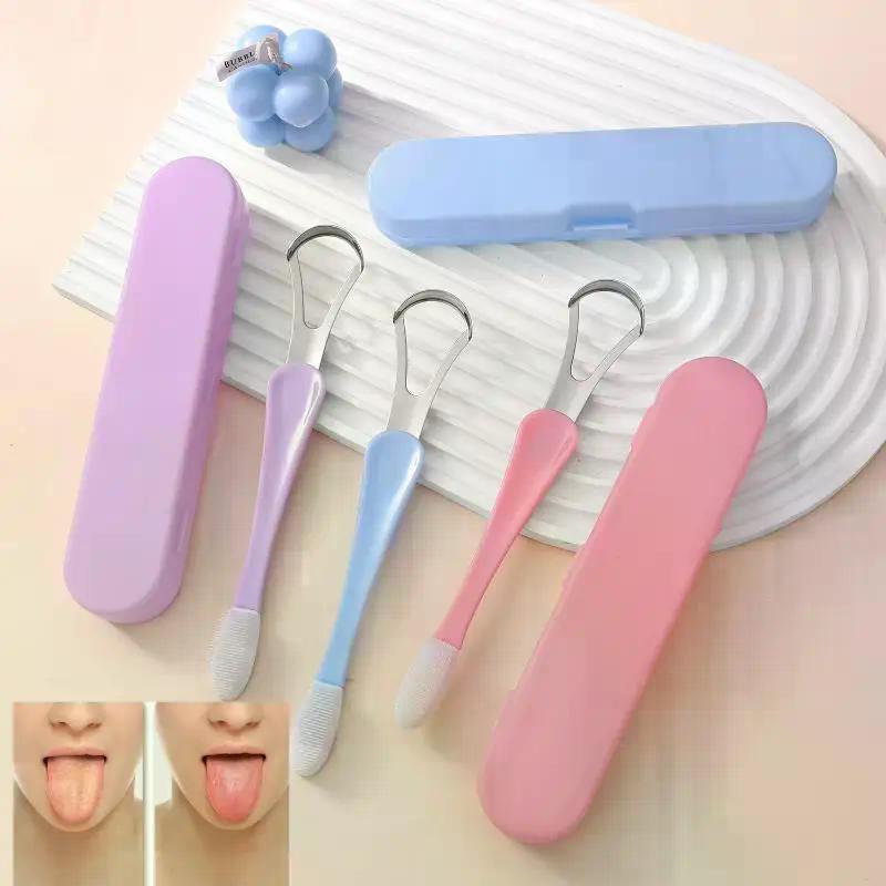 Tongue Scraper Cleaner For Adult Kid,2 In 1 Silicone Tongue Brush And Stainless Steel Tongue Scrapers For Fresh Breath Dental