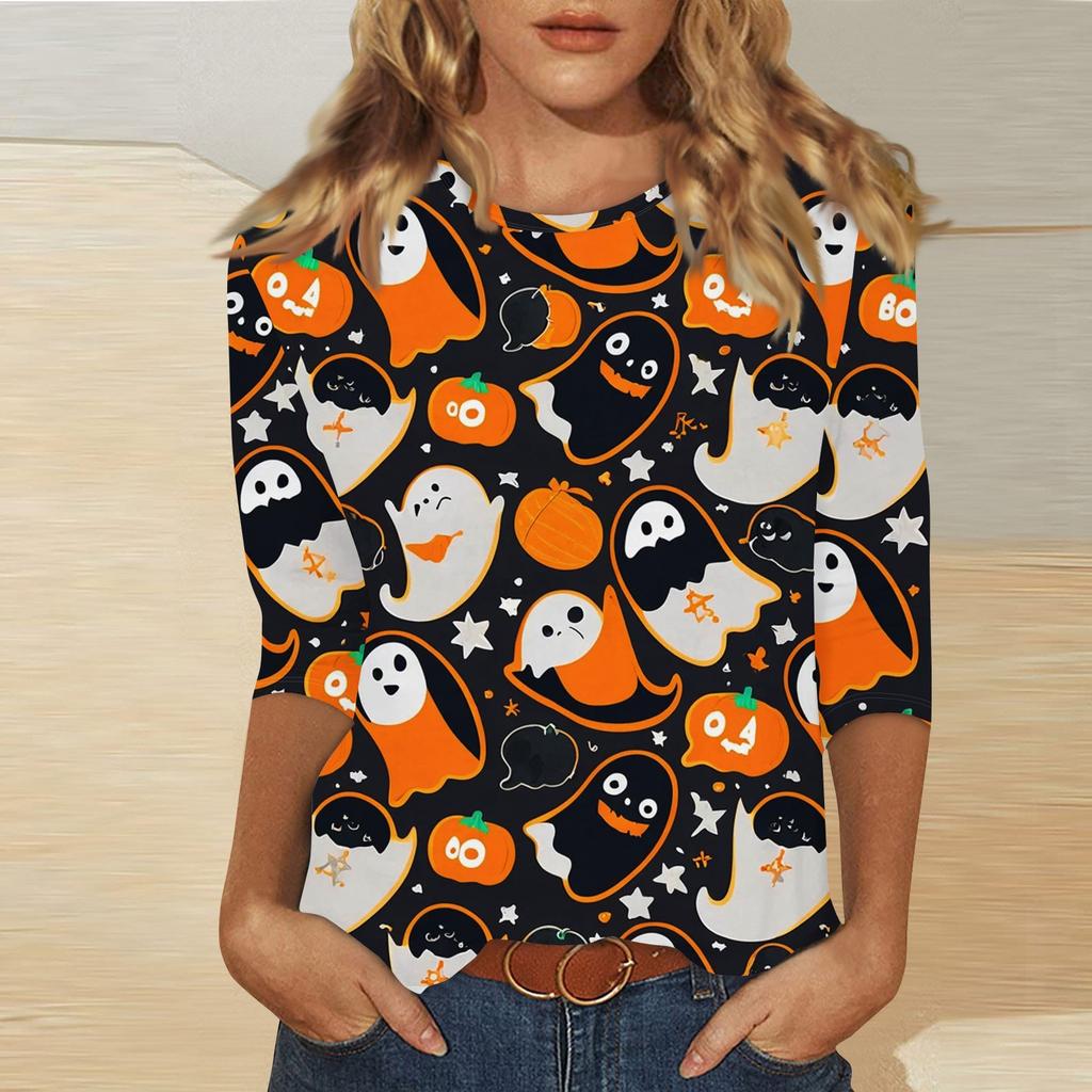 Women's Fashion Casual Three-quarter Sleeve Halloween Printed Round Neck Top