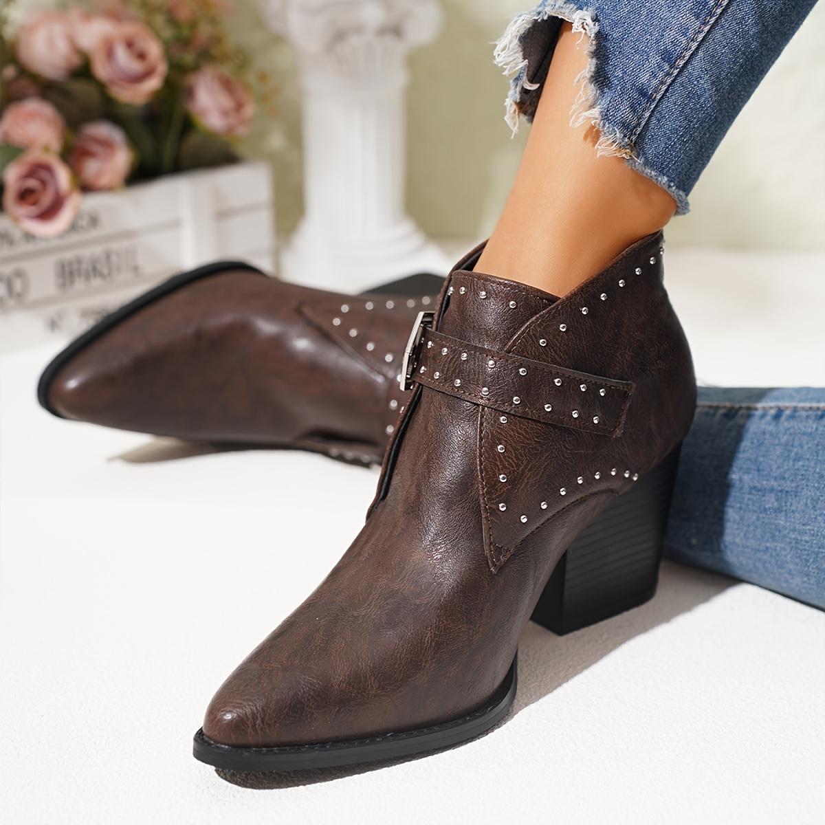 

Женские стильные однотонные ботинки, ботинки на массивном каблуке с металлическими заклепками и пряжкой, мотоциклетные ботинки челси с острым носком Size 44