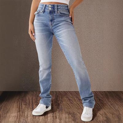 Kadın Yüksek Bel Yıkanmış Kadın Kot Pantolon Moda Çok Yönlü Düz Paça Pantolon