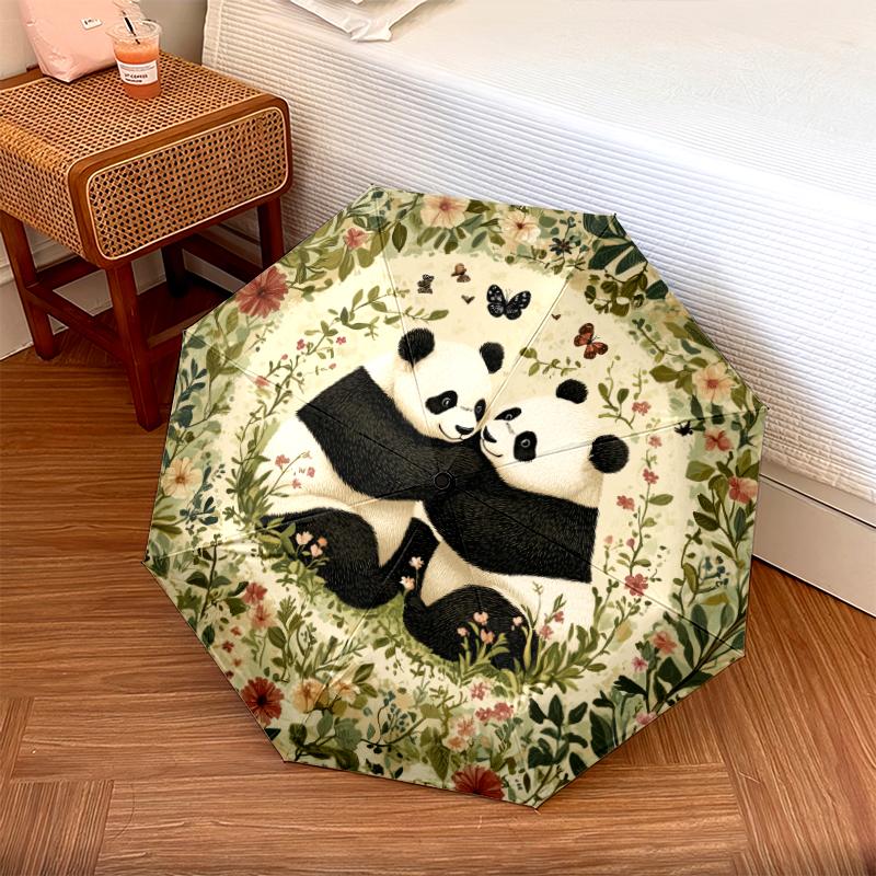 Fantasia panda e erba, ombrello pieghevole automatico, design portatile e pieghevole, 8 stecche, un regalo di Natale o di compleanno.