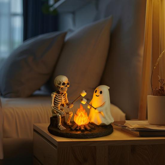 Skeleton Ghost Bonfire Night Lamp Halloween Roasting Marshmallow Ghost Statue Fake Campfire Lamp Home Bedroom Decoration