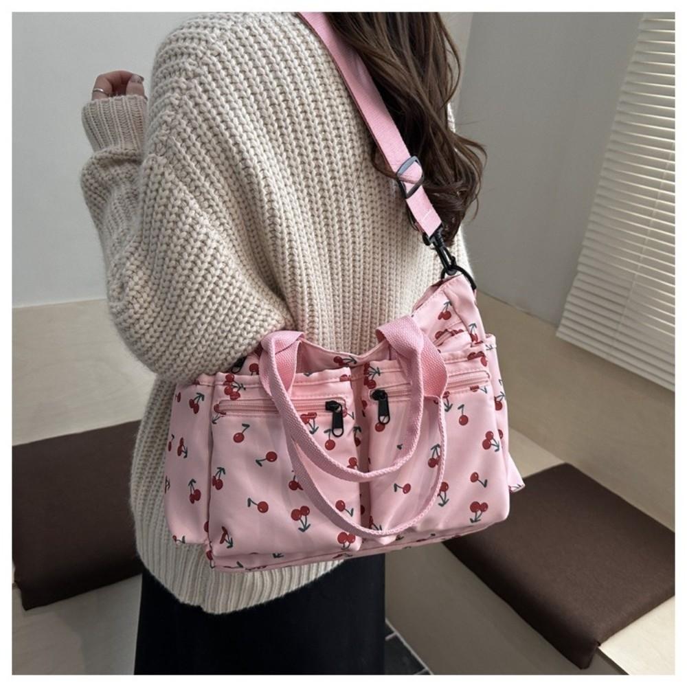 Casual Large Capacity Tote Bag Cherry Print Adjustable Strap Crossbody Bag Waterproof Multi-Pocket Shopping Bag