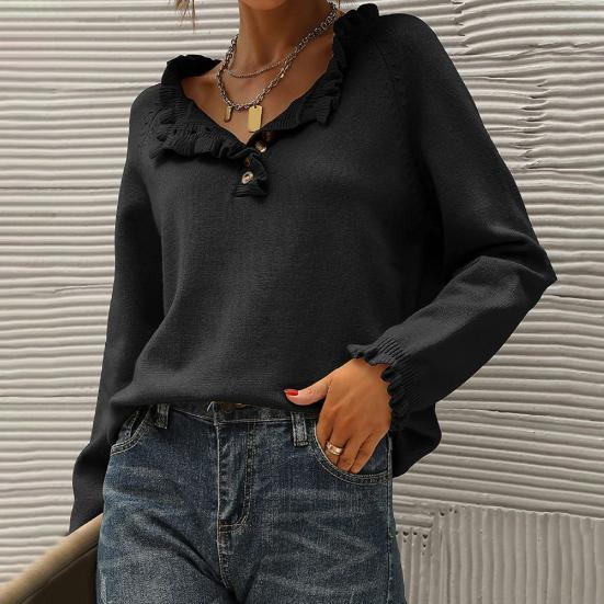 Podzim Zima Ženy Pletení Svetr Dlouhý rukáv Knoflík dolů Volán Trim Pletené topy Jednobarevné Neformální pleteniny