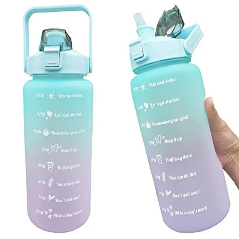 2L Large Capacity Plastic Water Bottle Time Scale Label Sticker Space Cup Spring Cap Painted Gradient Color Water Cup
