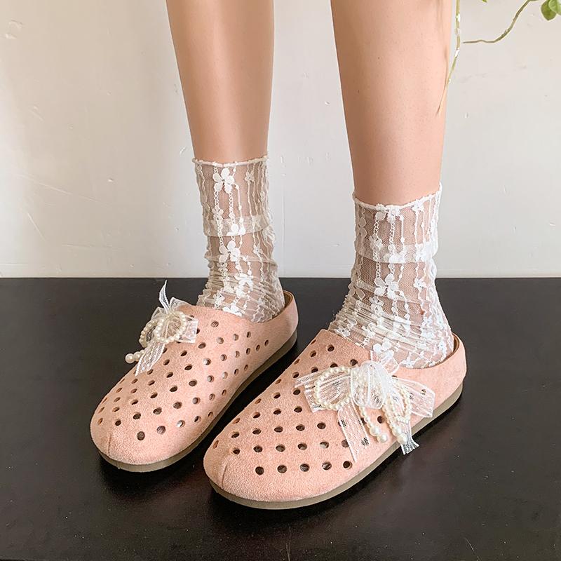Fashion Baotou Slippers Summer New Round Head Deep Mouth Set Foot Suede Lace Beaded Soft Sole Anti-slip Wear-resistant Flat Shoes