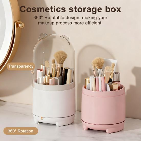 Makeup Brush Holder with Clear Lid 360-Degree Rotating Cosmetic Organizer Dust-proof Makeup Pen Organizer for Vanity Bathroom Desktop