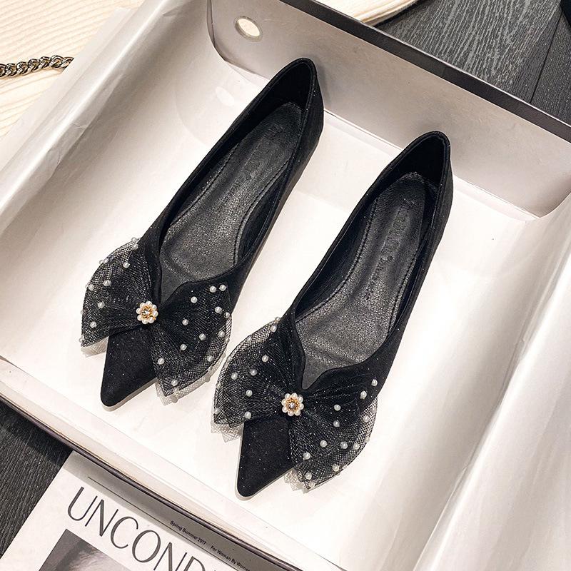 Fashion 2025 Spring Summer Lace Bow Flat Shoes for Women Pointed Toe Pearl Studded Ballet Flats Ladies Pearl Flower Loafers Big Size 43