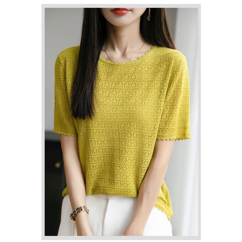 

This Summer s New Ice Silk Knitted Short-sleeved Round-neck T-shirt Is Versatile Slimming and Elegant with A Cutout Top M жёлтый