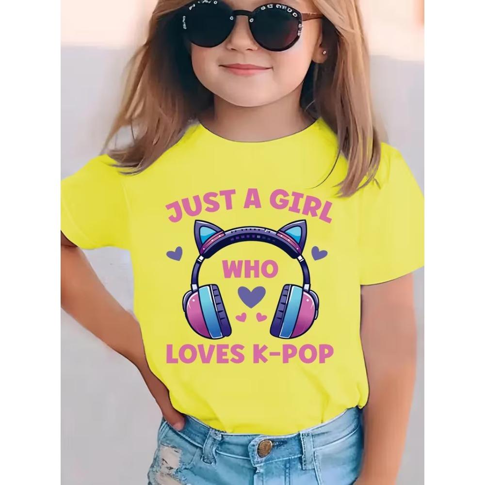 Summer Just A Girl Who Likes K-POP " Pattern Printed Children T-shirt Trendy Girls Clothing Casual Fashionable Kids Short Sleeve