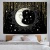 Celestial Moon Tapestry, Black Background with White Crescent Moon Face & Stars Print, Wall Hanging for Boho Bedroom Decor