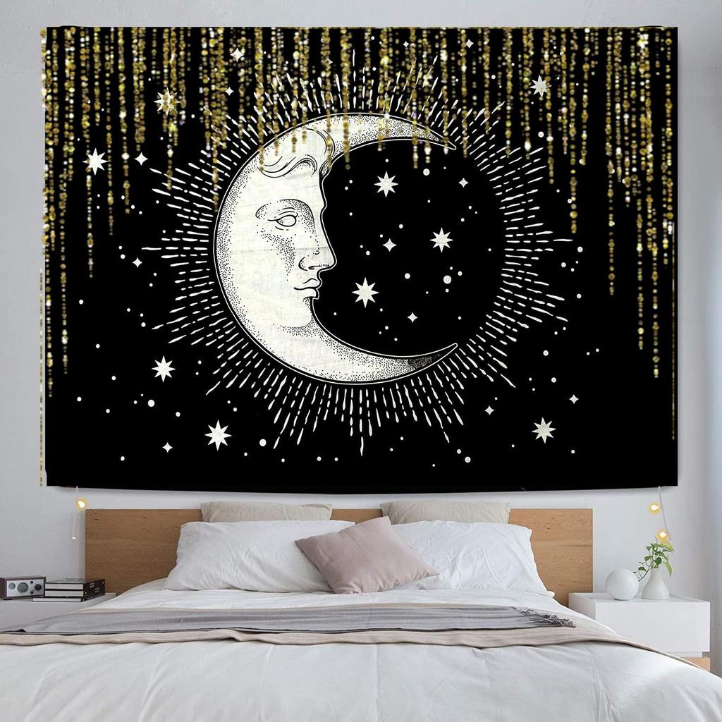 Celestial Moon Tapestry, Black Background with White Crescent Moon Face & Stars Print, Wall Hanging for Boho Bedroom Decor