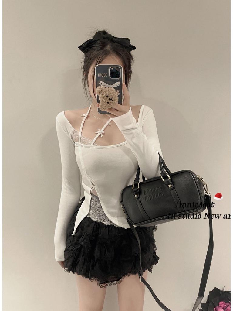 Spicy Girl Halterneck Lace Patchwork Long Sleeve Slim Fit Top - Autumn Winter