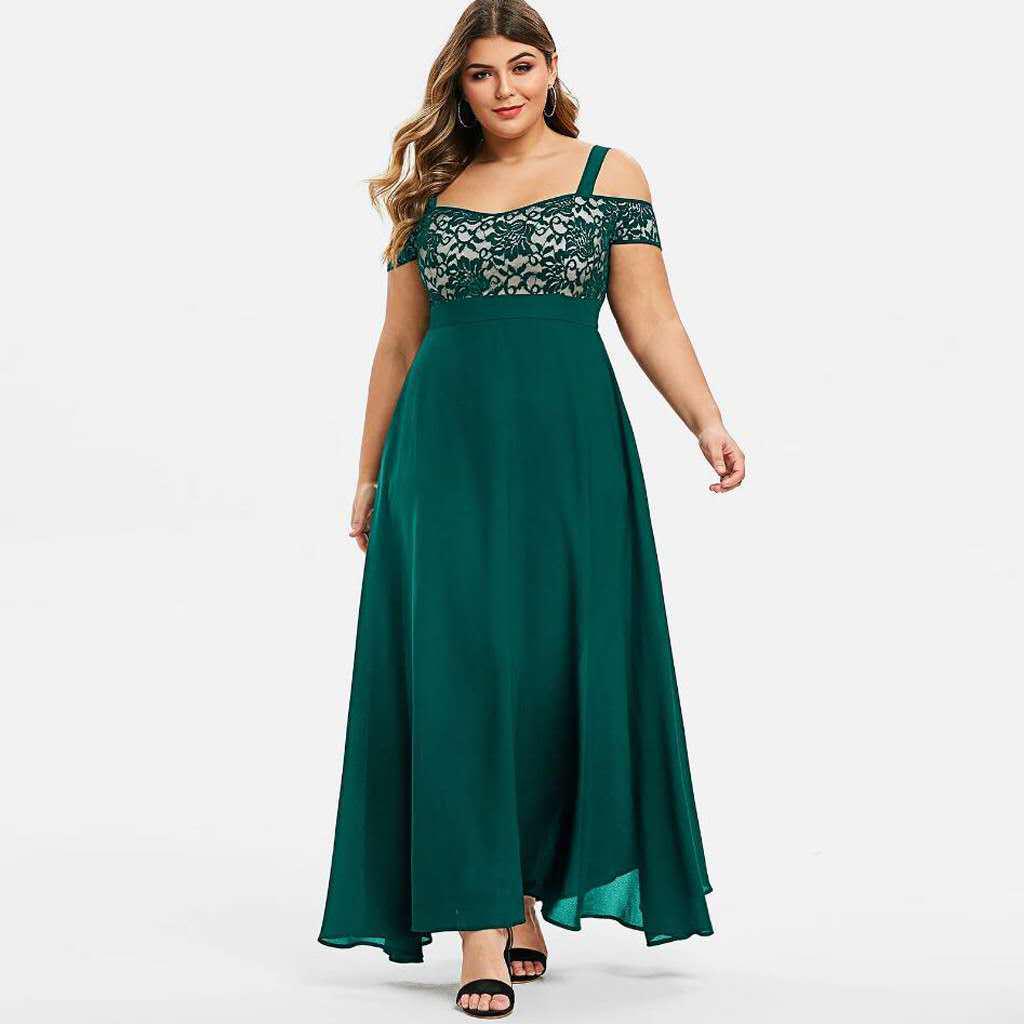 Plus Size Off-the-Shoulder Floral Lace Spaghetti Strap Chiffon Maxi Dress