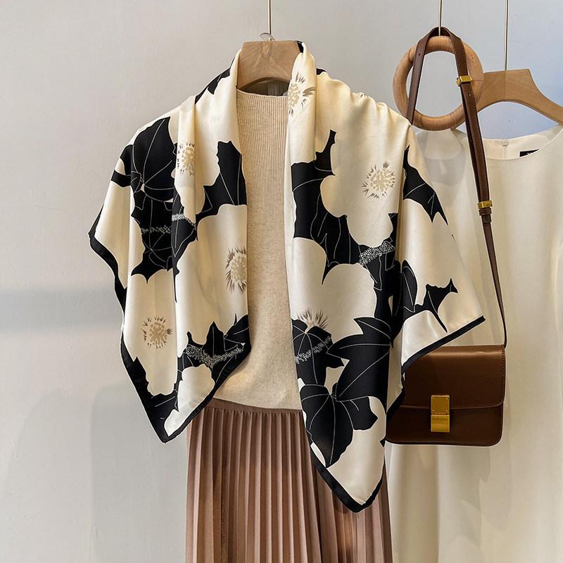 Nordic simple silk scarf long female French retro black and white striped large square scarf tied hair ins headscarf headband shawl