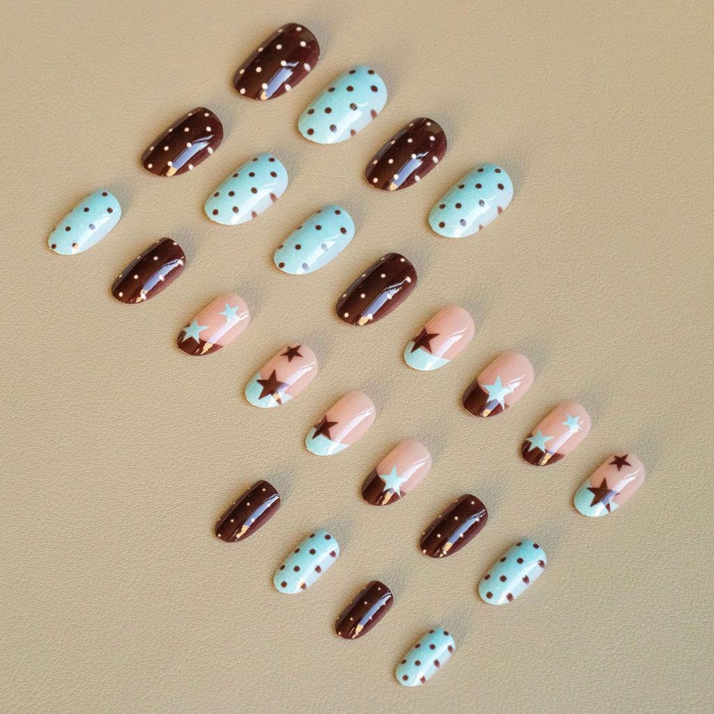Star Polka Dot Fake Nails 24 Pieces Lightweight Durable Comfortable Wear for Women Manicure