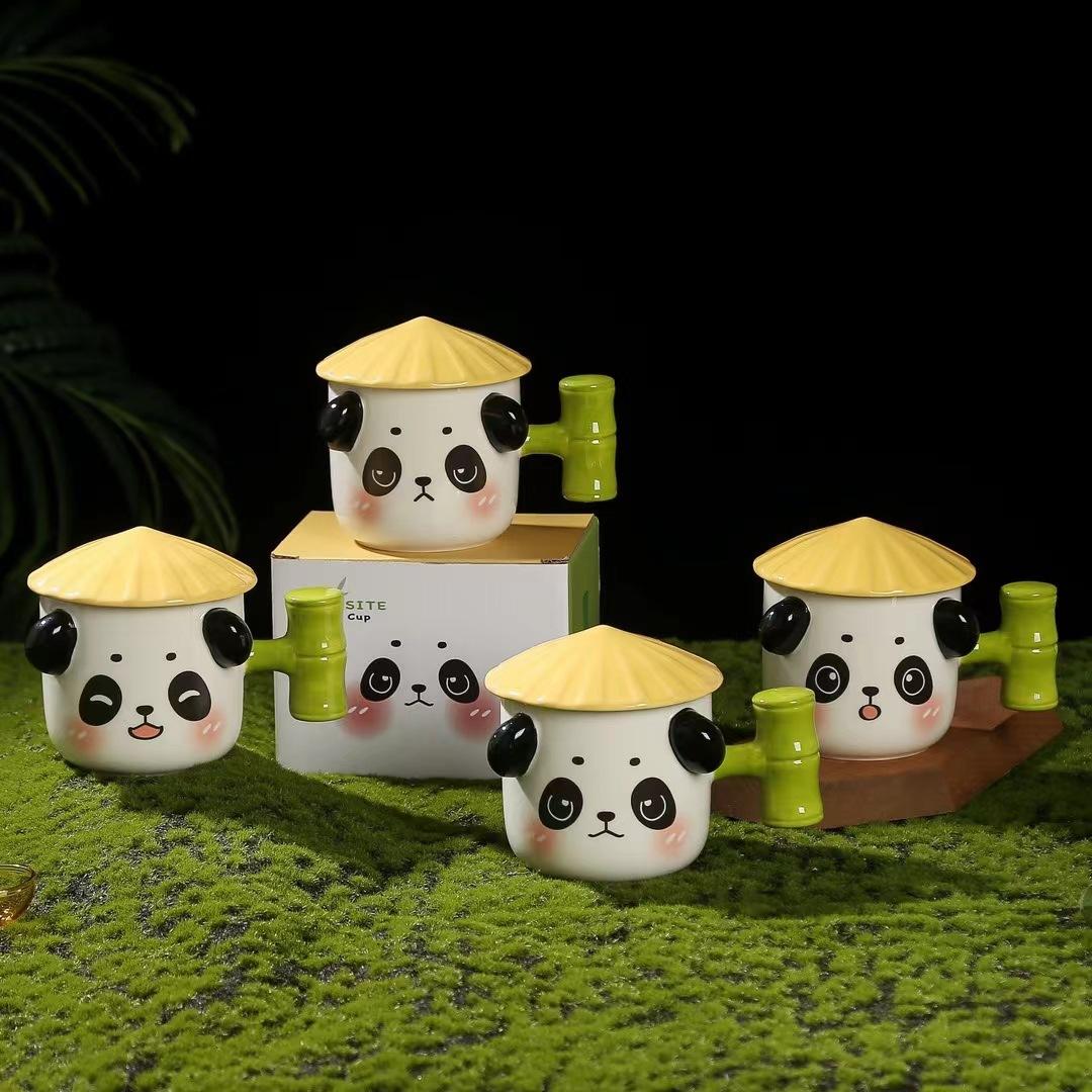 

Кружка из бамбука с рельефом в китайском стиле в виде панды, милая керамическая чашка с крышкой, подарочный сувенир, креативная кофейная чашка 301—400ml