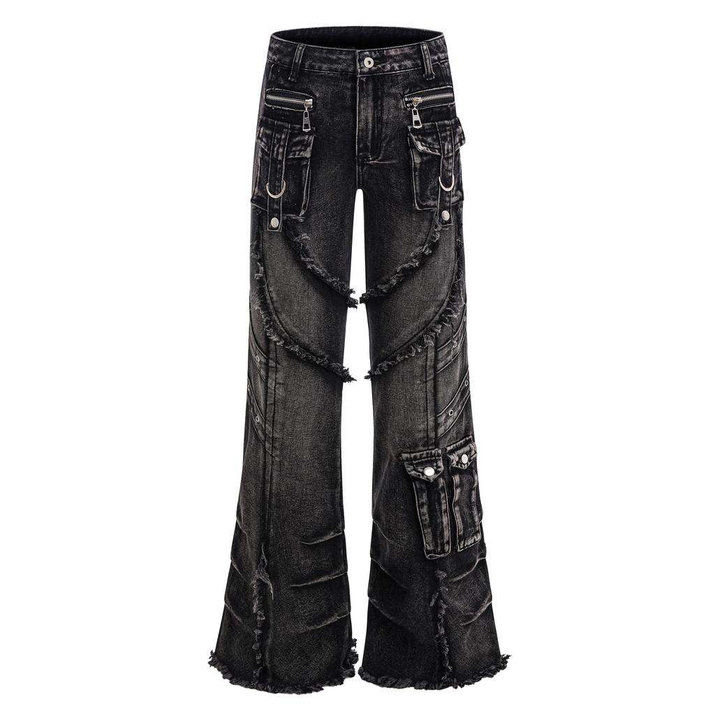 BeatStreet Design Oscuros Calle Principal Super Industria Pesada Deconstruidos Bolsillos Múltiples Costuras Pliegues Pinzados Pantalones Vaqueros Bootcut