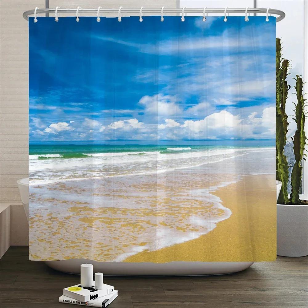 

3D Beach Scenery Shower Curtains Sea Ocean Mediterranean Bathroom Curtain Waterproof Cloth Decoration 180*240Cm Bath Curtain W60H190(CM)-1 Pcs