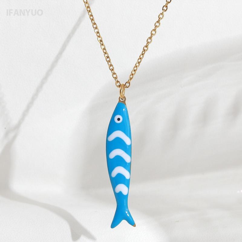 Süße Bunte Emaille Fisch Anhänger Halskette für Damen Edelstahl Streifen Fisch Charms Sommer Strandparty Urlaub Schmuck Geschenk
