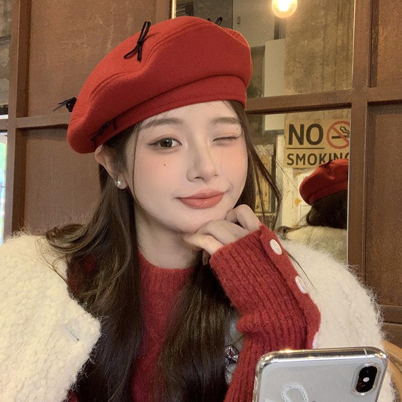 Red Bow Beret Female Autumn And Winter Retro Versatile Temperament Painter Hat Showing Face Small Octagonal Hat