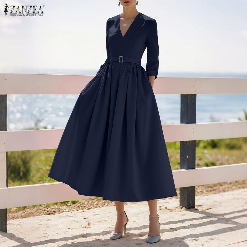 ZANZEA Abito Lungo Casual Elegante da Donna con Scollo a V, Colore Unito, Manica 3/4