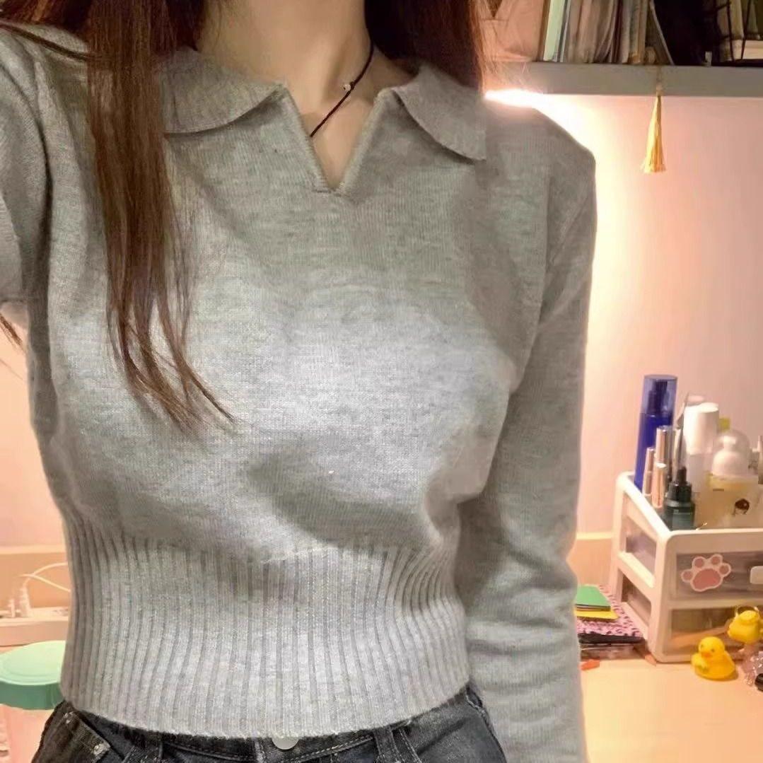 

Женский мягкий трикотажный серый свитер для миниатюрных - Нежный стиль осенне-зимний базовый слой S (75-90 jin) слоновая кость