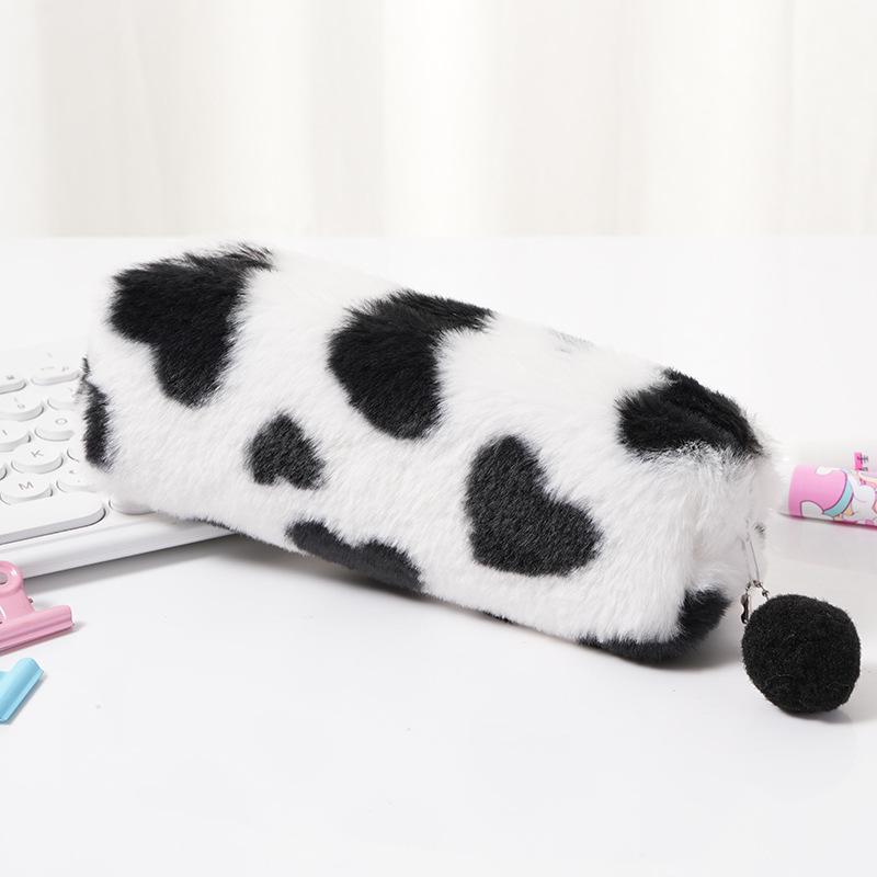 Leopard Heart Plush Pencil & Makeup Bag for Students