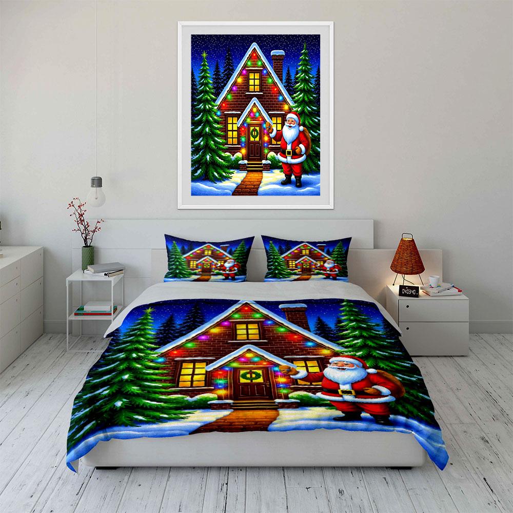 Santa and Festive Holiday House Bedding Duvet Cover Set Duvet Cover Pillowcases (1*Duvet Cover 2*Pillowcases, without duvet insert)