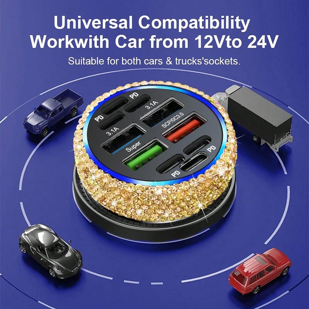 1pc Bling Bling Rhinestone Studded Car Charger, Fast Charging, USB A/C Car Phone Charger, Heart-Shaped LED Display Rhinestone Car Charger Adapter