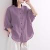 Women's Retro Cotton Linen Lantern Sleeve Blouse: Summer Mid-Sleeve, Loose Fit, Plus Size