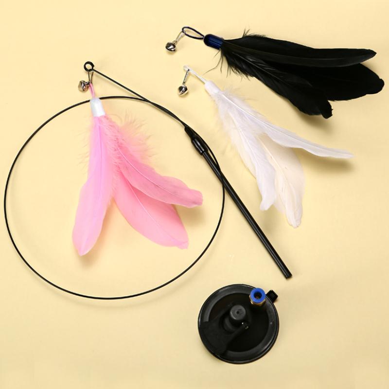 Interactive Cat Feather Wand Toy Suction Cup Hands-Free Cat Teaser Toy With Replaceable Feathers For Kitten Play