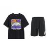 Cartoon Print Round Neck Comfortable Fashion Short Sleeve Casual Sports Suit Unisex Suit Black AHST543-2+YKSV197-2