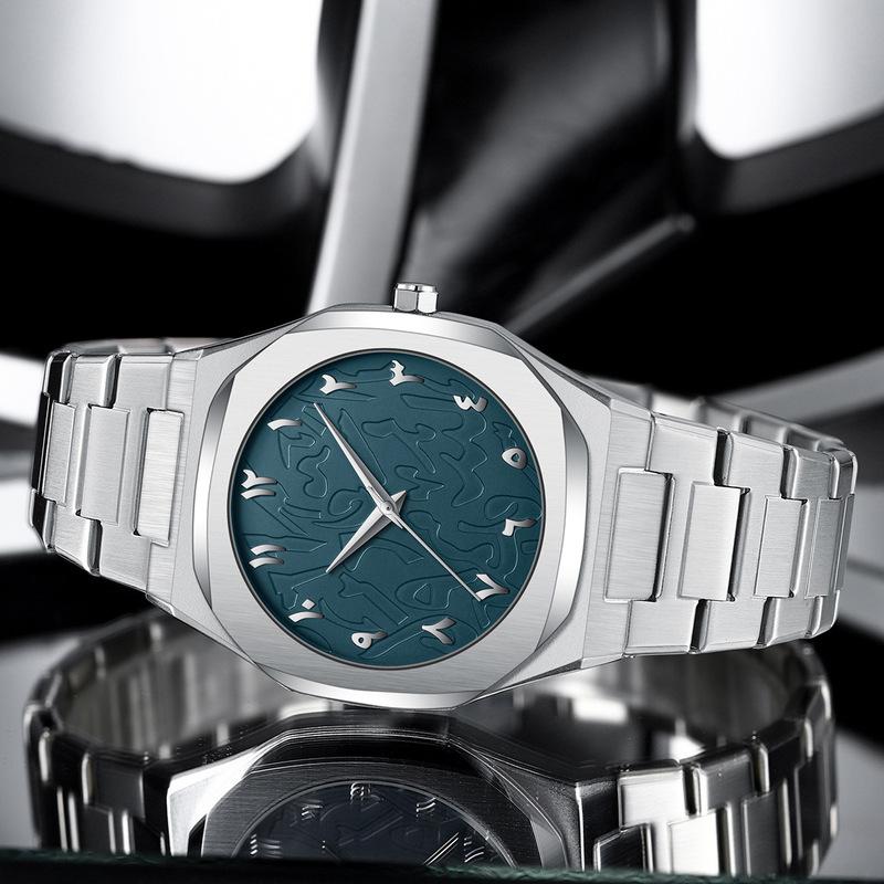 BestWin Top Brand Men Octagonal Quartz Watch Embossed Dial Full Steel Fashion Business Casual Style Male Dress Watch Daily Wear