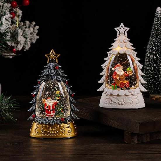Christmas Snow Ball Lantern Lighted Santa And Christmas Tree Scene Glittering Water Snow Ball Decoration for Home Desktop Decor